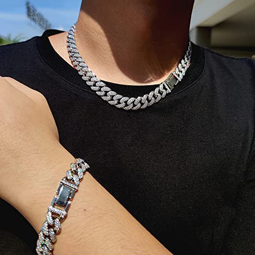 Apzzic 12Mm Iced Out Cuban Link Chain Gold Plated Hip Hop Bling Prong Set Full Cz Diamond Bracelet For Women Men Silver 7Inch #TOP4