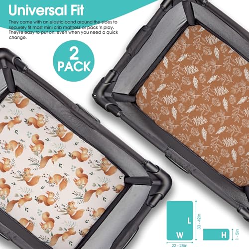 Image of Pack n Play Sheets, BROLEX 2 Pack Mini Crib Sheets,Stretchy Portable Fitted Playard Sheet Set, Convertible Playard Mattress Cover,Ultra Soft Breathable Material,Fox&Foliage