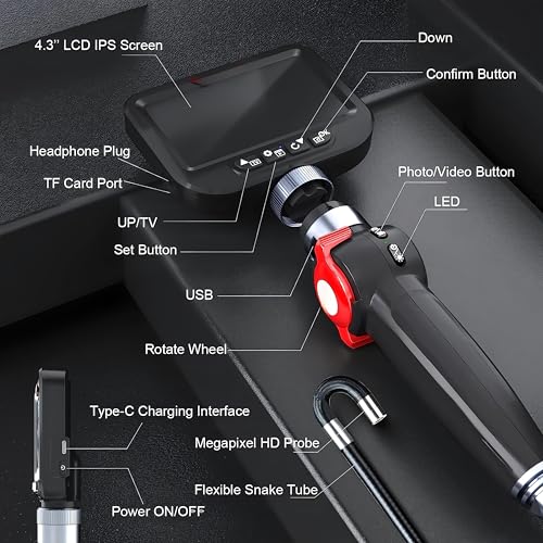 Caméra d'inspection endoscope H406B bidirectionnelle compatible Android et PC