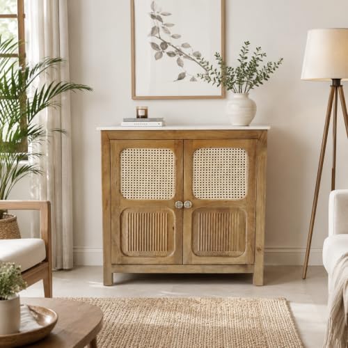 Image of The Attic Crestwood Solid Wood Two Door Sideboard Cabinet with Cane Doors | Storage & Display Cabinet for Living Room & Dining Room | Handcrafted Mango Wood, Light Teak Finish