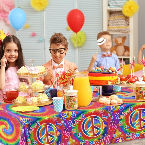 Image of Tie Dye Birthday Party Supplies, 60's Hippie Theme Tablecloth 3Pcs Groovy Hippie Table Cover Peace Love tie dye Table Cloths for Parties