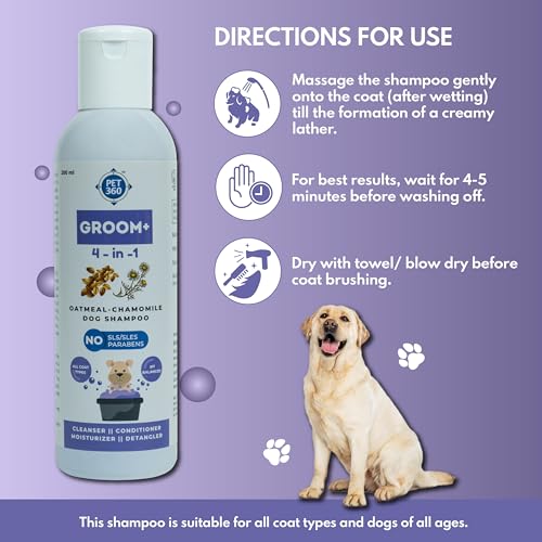 Image of PET360 Groom+ 4-in-1 Oatmeal Chamomile Dog Shampoo for All Coat Type|Cleanse, Detangle & Moisturize for Smooth & Itch-Free Hair with Aloevera|Sulphate & Parabens Free-200 Milliliter