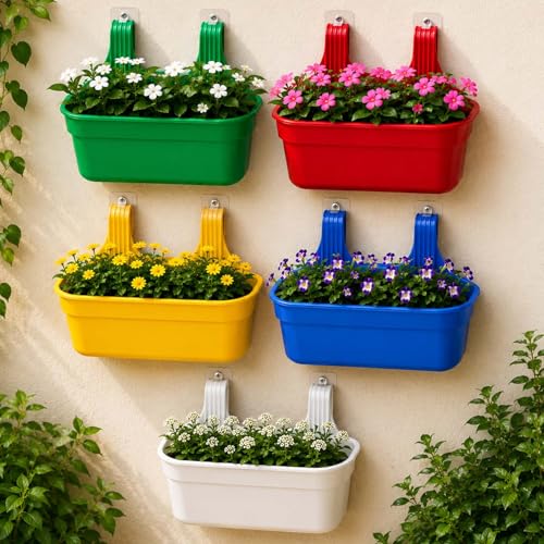 Image of Go Hooked 12 Inch Plastic Railing Hanging Planter Pot Set of 5 | Rectangular Flower Pots with Double Hook for Garden Fence Balcony Indoor Outdoor Home Decor | Durable Plant Container (Multicolor)