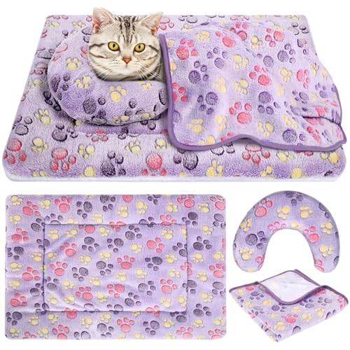 Namalu Cat Bed Mat with Soft Blanket and Pillow for Indoor Cats Cute Print Washable Crate Mat Fleece Warm Blanket Fluffy Pet Calming Half Donut U Shaped Neck Pillow for Small Dogs and Cats
