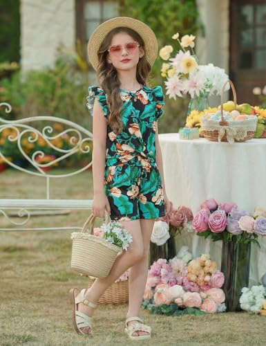 Image of Arshiner Girls Shorts Sets 2 Pieces Outfits Twist Front Ruffle Sleeve T-Shirts and Shorts With Pockets Cute Clothes Sets
