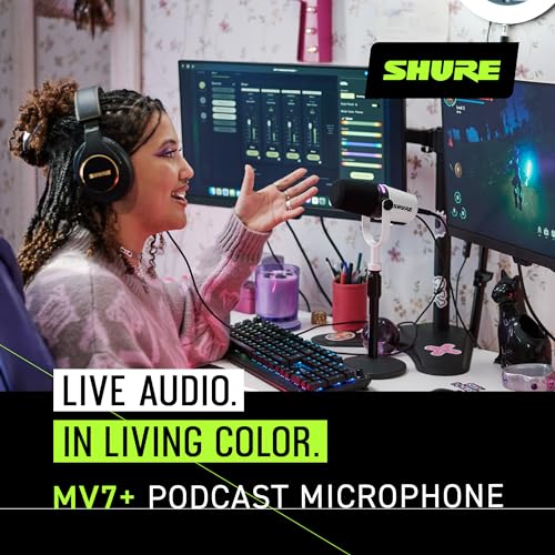 Image of Shure MV7+ Podcast Microphone. Enhanced Audio, LED Touch Panel, USB-C & XLR Outputs, Auto Level Mode, Digital Pop Filter, Reverb Effects, Podcasting, Streaming, Recording - White