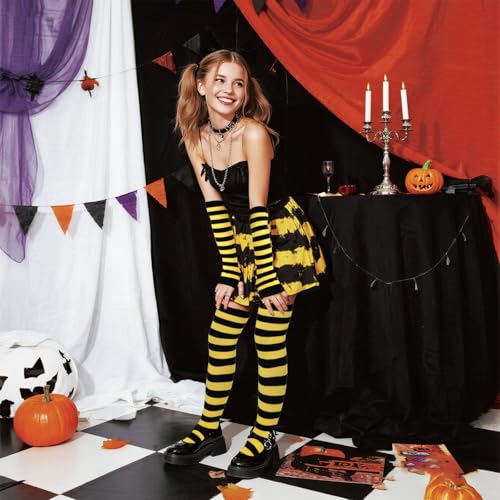 Image of Tongcloud Women's Striped Knee High Socks, Over Knee Thigh High Socks, Arm Warmer and Fingerless Gloves Set