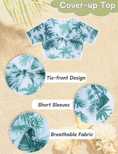 Image of Happy Cherry Girl's 4PCS Swimsuits Tropical Print Halter Bikini Set Bathing Suits with Kimono and Cover Up Pant Boho Swimwear