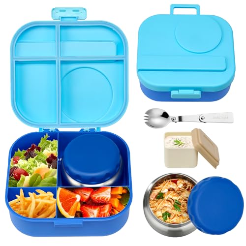 Aimsnk Bento Lunch Box for Kids with 12oz Soup Thermo,4 Compartments Lunch Box Containers Kids, Includes Foldable Spoon &Sauce Jar, BPA Free&Leak...