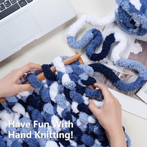 Image of Cozyful Chunky Yarn for Hand Knitting - #10 Chunky Chenille Blanket Yarn, Jumbo Big Thick Chunky Yarns for Crocheting, Tie Dye Bulky Knit Yarns, 8 Skein (20 yds 8 oz Each Skein), Multi Blue & White