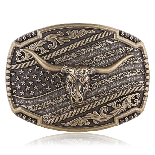 Image of HUABOLA CALYN Long Horn Bull Belt Buckles for Men Women American Flag Texas Star Belt Buckles