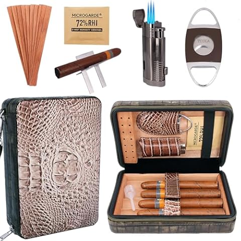 TOIKA Elegant Looking Brown Leather Cigar Travel Humidor with Humidifier Packs,5-in-1 Kit, Quality Cigar Cutter, Cigar Stand and Lighter, Portable Cigar Case Box with All-in-one Cigar Accessory Set Cover