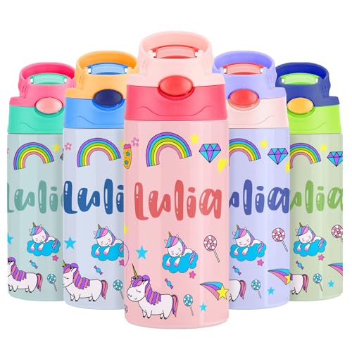 VEELU Botella Agua Personalizada con Pajita - Termo Personalizado con Nombre - Botella Agua Acero Inoxidable Personalizada - Botella Termica Niña 350ml - Regalo Seño Infantil