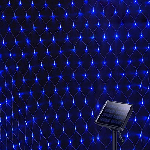 echosari Solar Outside Garden Backyard Patio Sparkling Net Light String with 8Modes,Fence Wall Roof Bush Decorative Mesh Light, Holiday Seasons Starry Lights,Auto On/Off (9.8ftx6.6ft 200Leds,Blue)