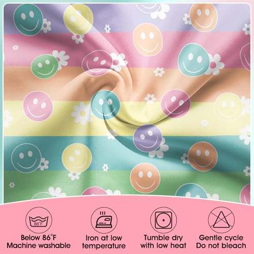 Image of 9FT Pastel Smiley Face Table Skirt Daisy Teacher Desk Skirt for Colorful Classroom Decor Rectangle Table Cloth Rainbow Tablecover for Back to School Party Decorations Home Office Bookcase Cabinet