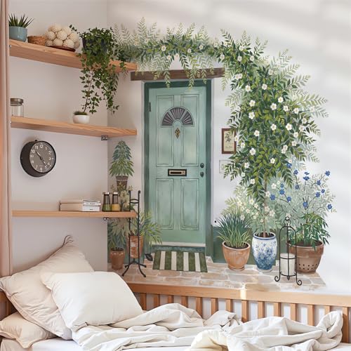 sacinora Farmhouse Door Green Vine Potted Plants Wall Stickers Wall Decals