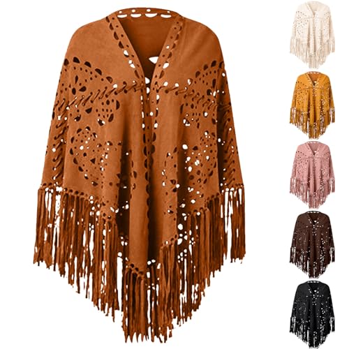 HGps8w Faux Suede Shawls for Women Fringed Western Wrap Scarf Hollow Stole Cape Scarf with Long Tassels2