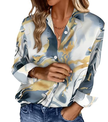 OFEEFAN Womens Button Down Dress Shirts Blouses Casual Fashion Outfit Spring Summer Boho Clothes V Neck Business Tops Print 15 M