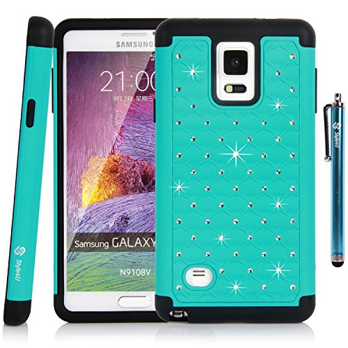 Galaxy Note 4 Case, Style4U Galaxy Note 4 Studded Rhinestone Crystal Bling Hybrid Armor Case Cover for Samsung Galaxy Note 4 with 1 HD Screen Protector and 1 Stylus [Teal/Black]