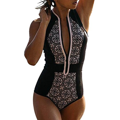 Bañadores Deportivas Mujer, Xinan Traje Retro Del Bikiní De La Pieza De La Cremallera De La Impresión De La Mujer Negro (XL)