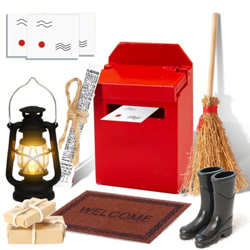 Miniatur Wichtel Zubehör 7 Stück Rot Mini Puppenhaus Wichtel Miniatur Zubehör Mit Licht Wichtel Briefkasten Postkasten Paketumschlag Set Spielhaus Briefkasten Kinder Mini Briefkasten