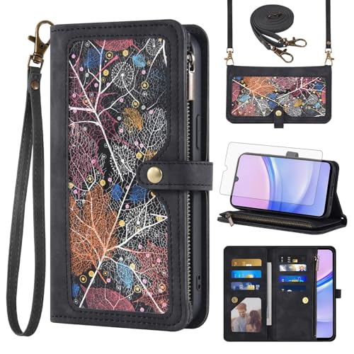 Asuwish Coque pour Samsung Galaxy A15 5G/4G Portefeuille avec Verre Trempé et Cordon Porte Carte Chaine PU Cuir à Clapet Étui Housse Support Galaxie A 15...