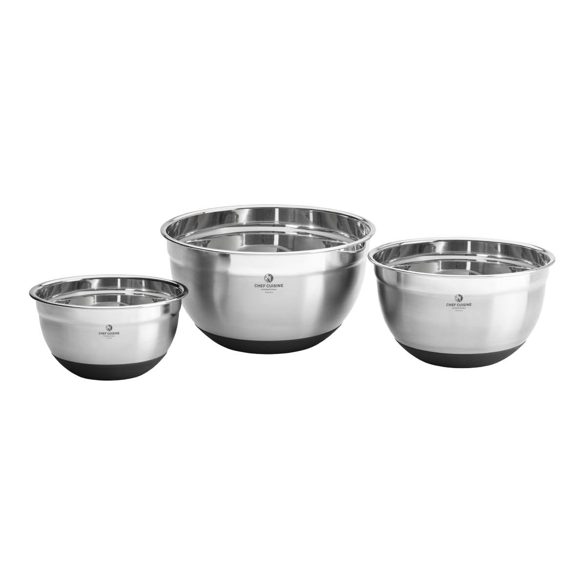 CHEF CUISINE Edelstahl-Schüsseln, 3er Set, Glasdeckel, Langlebig, Lebensmittelecht, Geschmacksneutral, Schüttrand, Umlaufender Silikonfuß, Bruchsicher, Platzsparend, Stapelbar