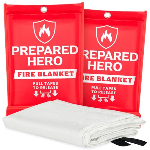 Prepared Hero Emergency Fire Blanket – 2 Pack – Fire Suppression for Kitchen, 40” x 40” Fiberglass Fire Blanket for Home