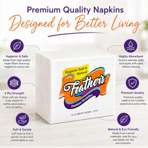 Image of Feather's Premium Naturally White 2Ply Tissue Paper (50 pulls Pack of 4, 33 X 33 cm) Luncheon Napkin Super Strong & More Absorbent Extra Soft Paper Tissue Napkin