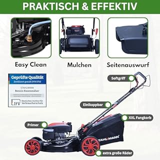 STAHLMANN Rasenmäher Benzin mit Antrieb BR532 – 7,0PS (5,1kW) 223ccm mit Antrieb, 53cm Schnittbreite, Mulchen, Schnitthöhenverstellung, Easy Clean Anschluss, Große Räder, 60L Korb