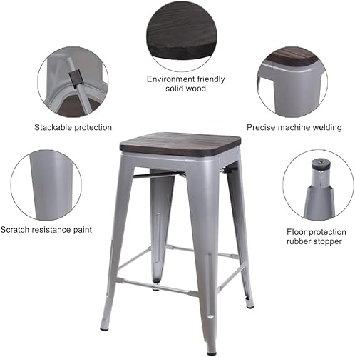 Miniatura 123 de GIA Taburete de mostrador sin respaldo de 24 pulgadas, cantidad de 4, bronce con asiento de madera clara Negro -,Café,Gris,gris, (Gun