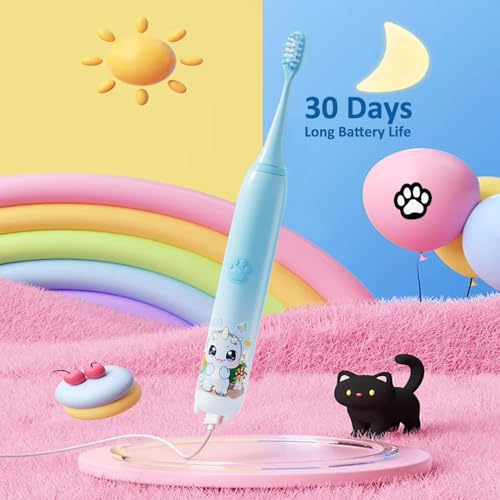 Image of Obvie Sonic Electric Kids Toothbrush with 5 Brushing Modes, IPX7 Waterproof, Soft Nylon Bristles, Rechargeable Battery last up to 30 Days, Type-C Electric Power Tooth Brush, 3 Heads (Blue)