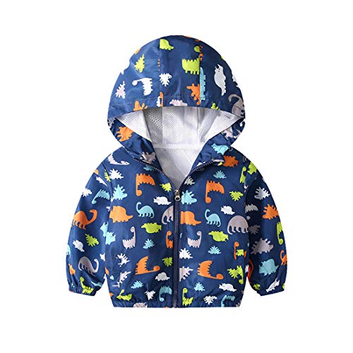 Kids Boys Windproof Coat Cartoon Dinosaur Zip Up Hooded Mesh Lined Jackets Toddler Baby Girl Hoody Outwear (Blue Dinosaur,2-3 Years)