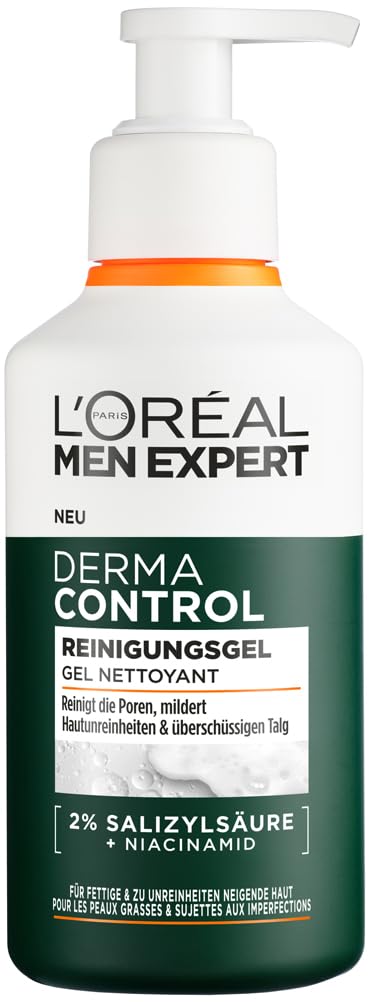 L'Oréal Men Expert Anti-Pickel Gesichtsreinigung für Männer, Waschgel für unreine & zu Akne neigende Haut, Herren Cleanser für das Gesicht mit 2% Salicylsäure & Niacinamide, Derma Control, 1 x 260 ml