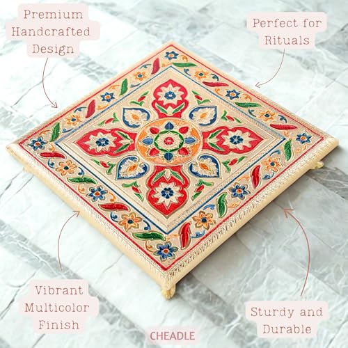 Image of CHEADLE Handcrafted Wooden Pooja Chowki, Multicolor, 12x12 inch