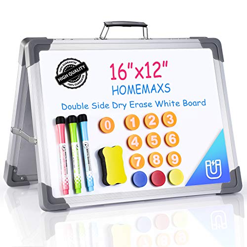 Homemaxs Small White Board Dry Erase Board,White Magnetic Boards Portable Dry Erase Board for Kids and Students Double Sided Foldable Desktop Whiteboard for School Home Kitchen Office 12