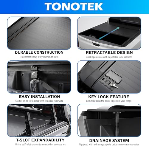 Image of Retractable Tonneau Cover Fits 2024-2026 Ford Ranger 5' Bed (61 inch) | Aluminum Slats | Easy Install | One-Hand Operation | Waterproof Seal | TOTMRC044