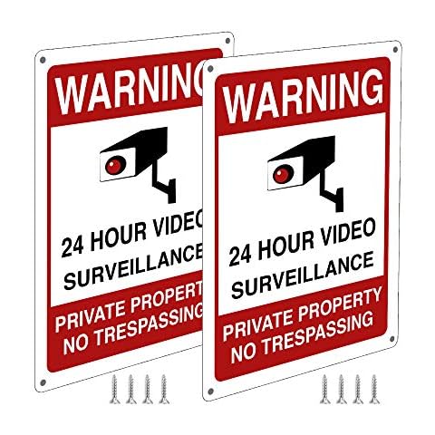 2 Pack of Aluminum Video Surveillance Signs, 8 X 11 Inches"Warning 24 Hour Video Surveillance Private Property No Trespassing" Sign UV Protected, Reflective, and Rust Free with 8 Screws Included Cover