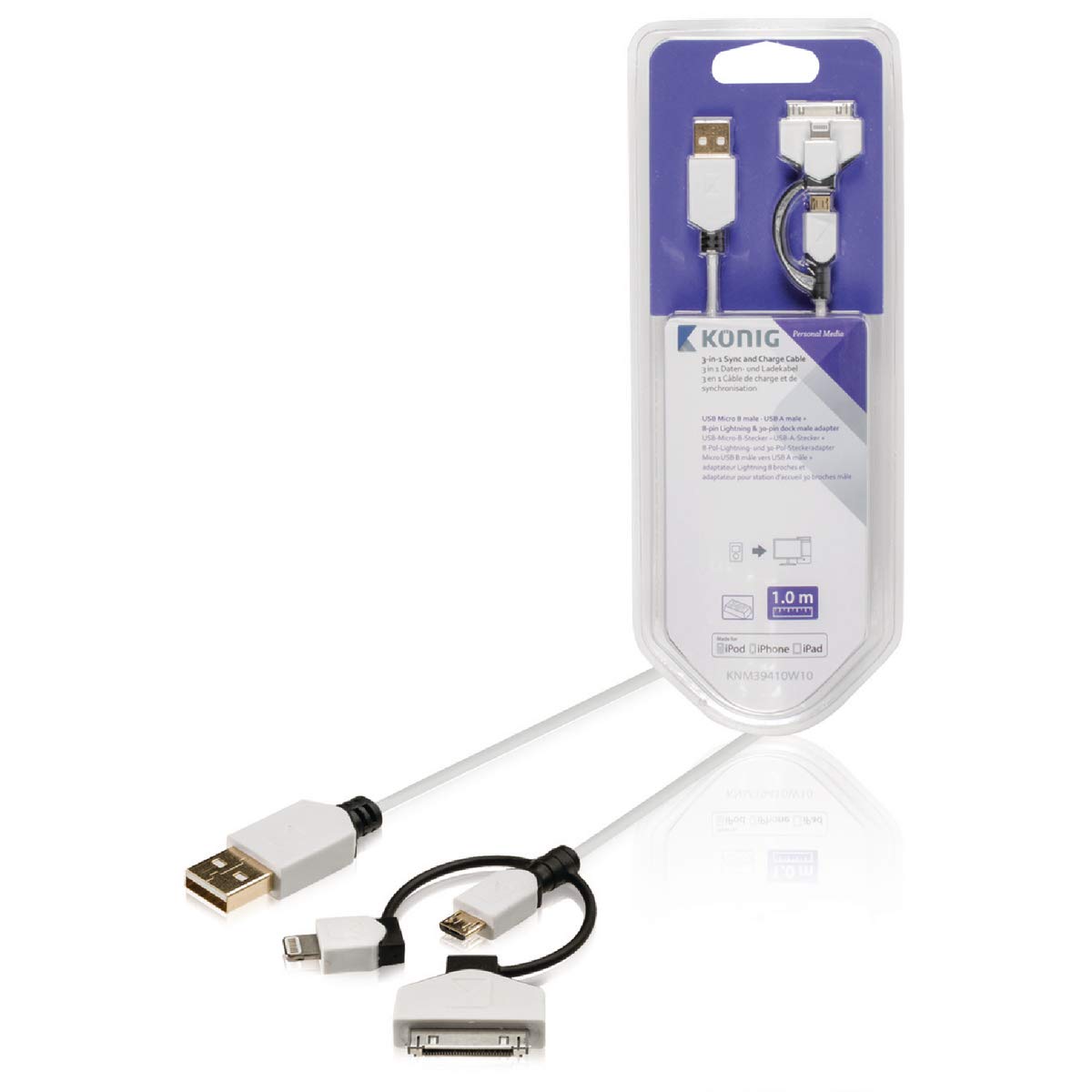 NEDIS Konig 3-In-1 Sync & Charge Cable| Apple Lighting Cable, Micro-USB & 30- Pin Dock Adapter(White)
