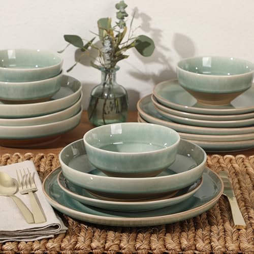 Image of Gibson Elite Hailstone 16 Piece Stoneware Reactive Glaze (Service for 4) Ceramic Plates and Bowls Dinnerware Set - Tropical Green