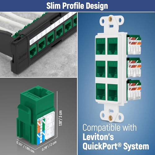 Image of Everest 90 Degree RJ45 Cat6 Keystone Jacks Slim Profile 10-Pack Green | Compatible with 90 Angled Speed Termination Tool - easyJACK (B094WB91H3)