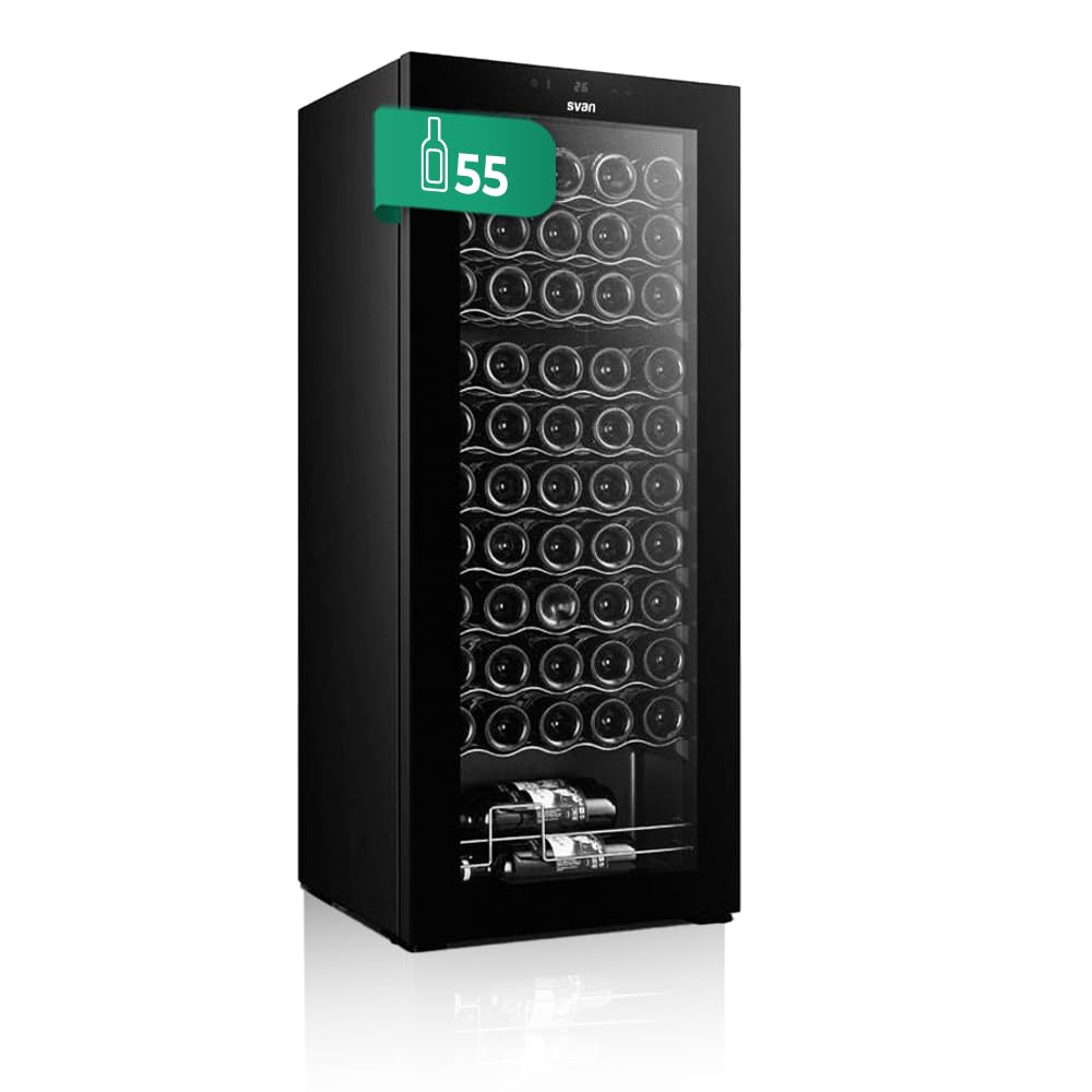SVAN Vinoteca 55 Botellas Negro SVN5500S. 85W, Display LED táctil, Pantalla Digital Exterior, 10 Baldas de Madera, 1 Rejillas Metálicas, Clase de Eficiencia Enérgetica G