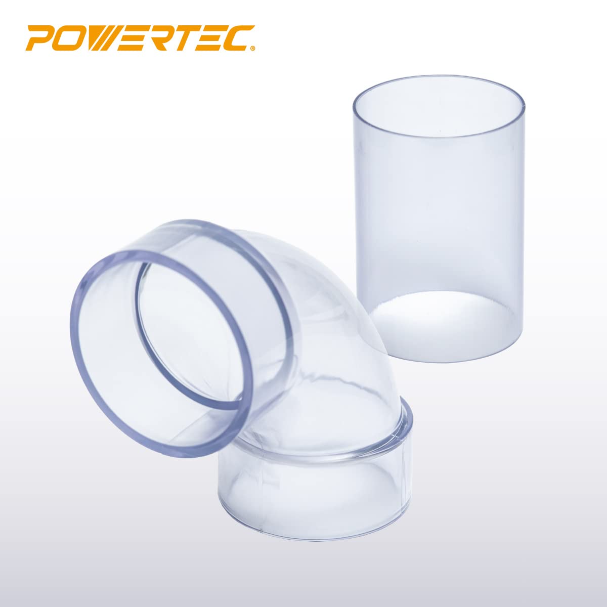POWERTEC 70321 2-1/2 Zoll (ID) 90 Grad Winkel, integrierte Kupplung für 2,5 OD Rohr/Anschlüsse, mit Spleiß für 2,5 ID Staubsammelschlauch - klares PVC