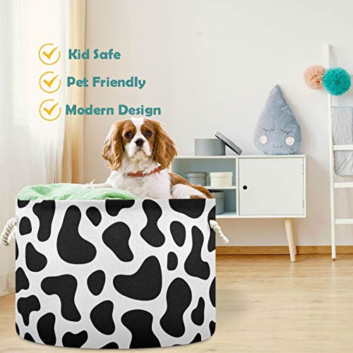 Image of Visesunny Canvas Fabric Cow Spot Nursery Hamper Toy Storage Organizer Bin Waterproof Laundry Basket for Kid Rooms, Playroom, Shelves, Gift Basket