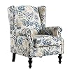 Accent chair for living room wingback floral accent chair with arms fabric printed armchair with nailhead trim and vintage legs comfy single sofa side reading chair for bedroom blue  urban country home decor