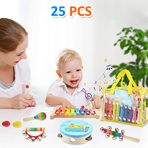 image for Bukm Toys for Toddlers, 25 Pcs Wooden Musical Percussion Instruments, 
