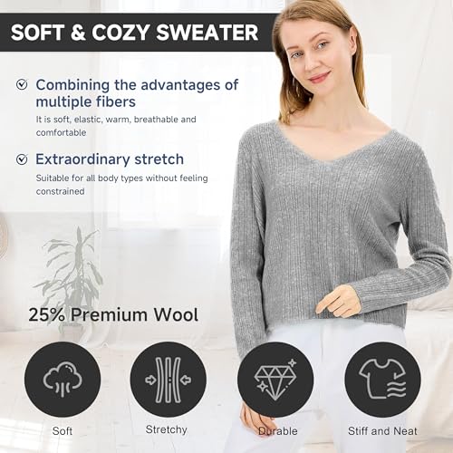 Image of Simple&Opulence Women's Long Sleeve V-Neck Sweater Off-Shoulder Light Cropped Sweaters for Women Wool Sweater S-XL