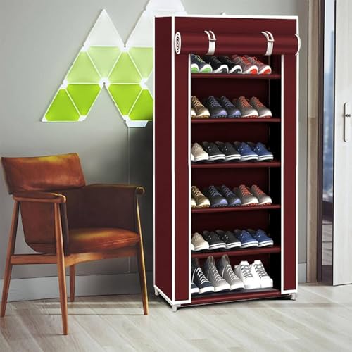 Image of OBBO Multipurpose 6-Shelf Shoe Rack with Zip Cover & Side Pockets | Dustproof, Space-Saving Storage Organizer for Shoes, Clothes & Toys | Durable Plastic Rack for Home & Entryway - Maroon