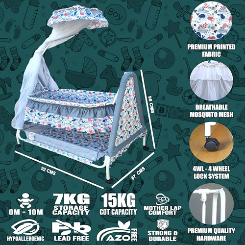 Image of Kiddery Athena Baby Cradle Bassinet | Sleep Safely & Comfortably | Mosquito Net Protection | Lightweight & Compact Design | All-Wheel Lock | Unisex | 0-10 Months | Blue