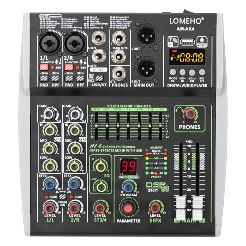 Mezclador de DJ, Consola de mezclas de 4/6 canales con entrada de 48 V, 99 efectos DSP, mezclador de DJ con Bluetooth, USB, PC, reproducción, grabación, podcast, mesa de sonido AM-AX4(4 Channel)